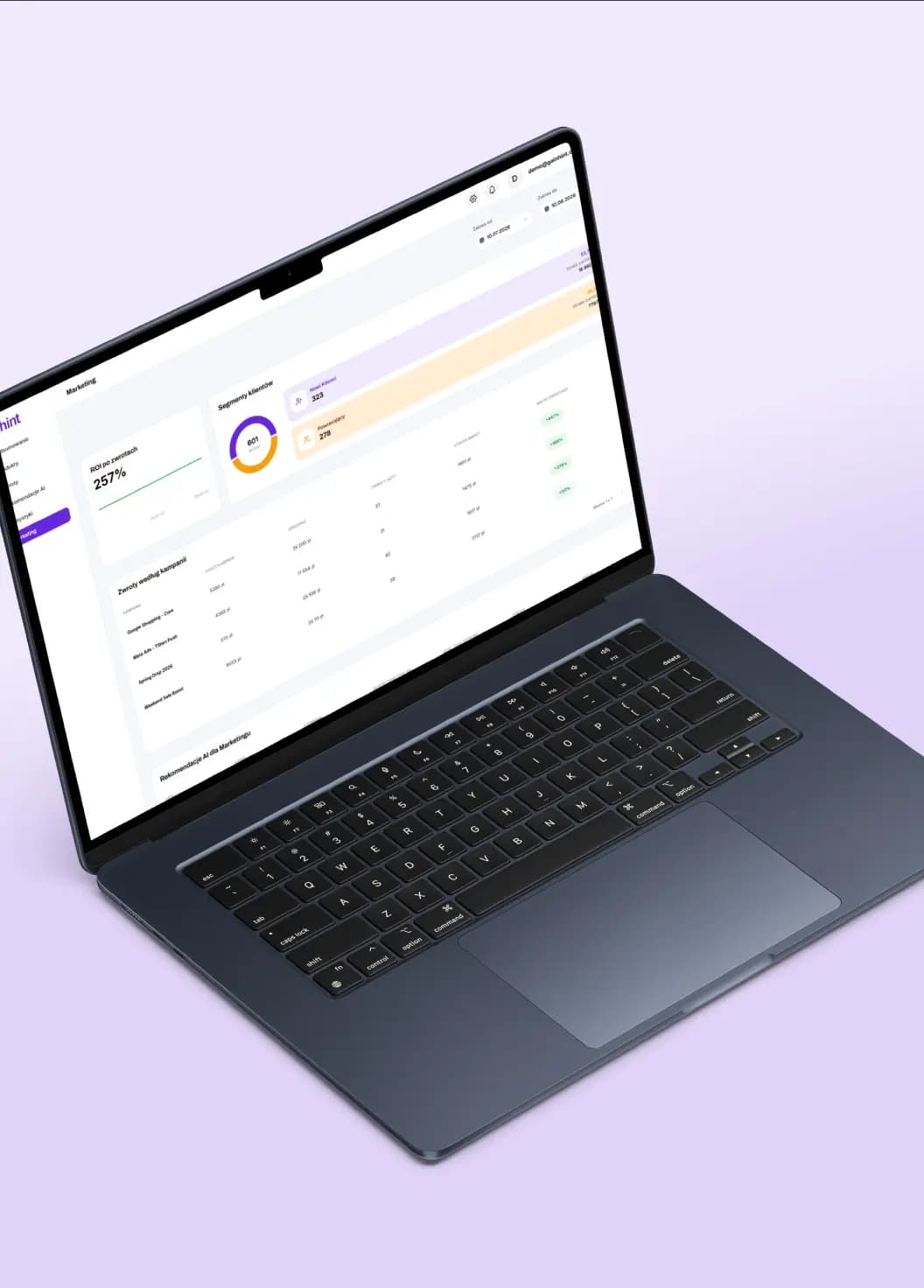 Gainhint - szczegół interfejsu dashboardu